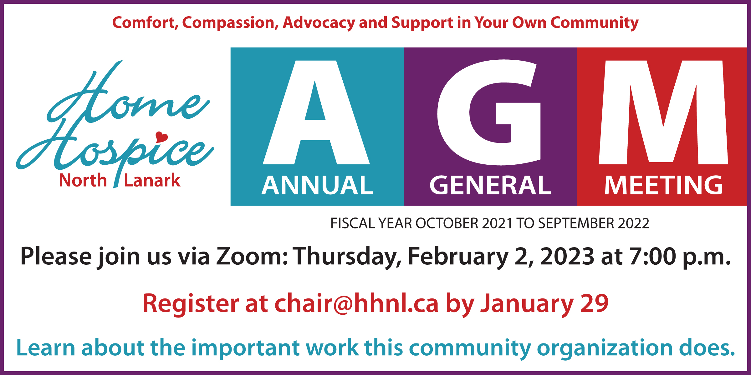 Home Hospice North Lanark announcement about the Annual General Meeting on February 2, 2023. 